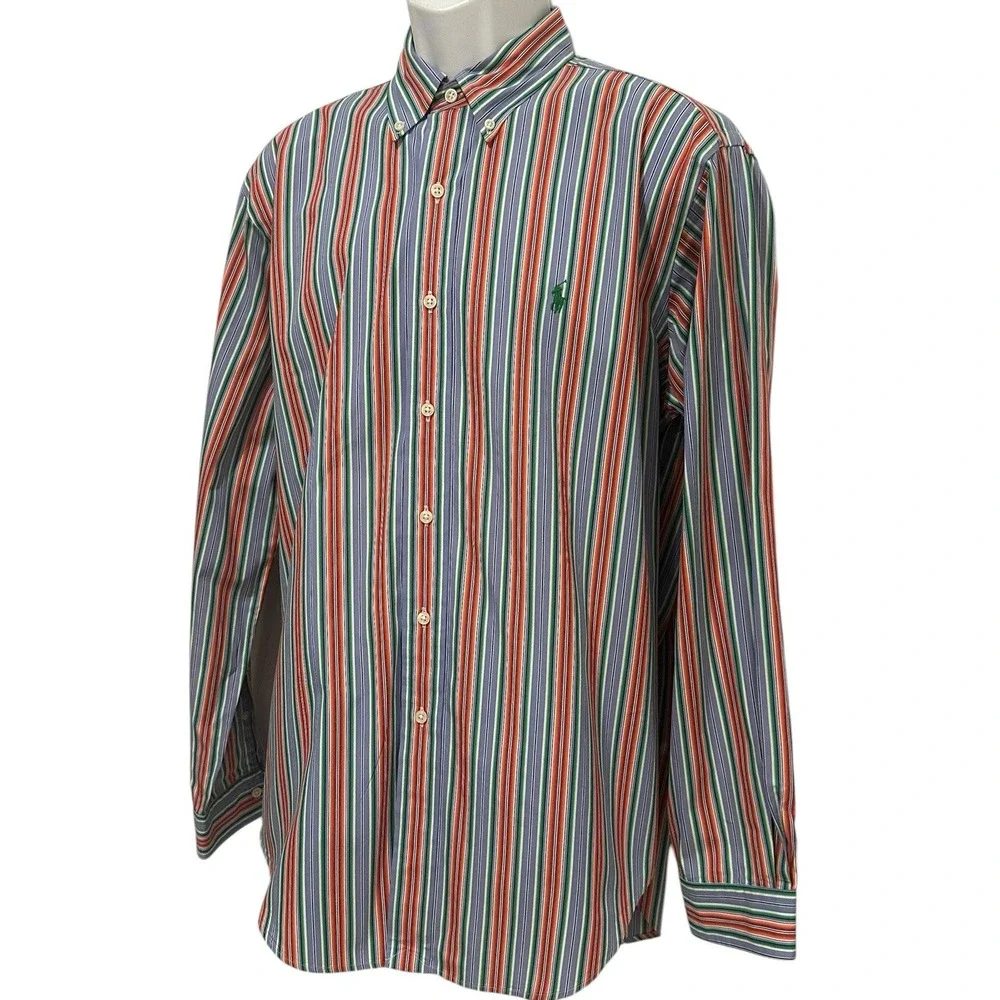 Ralph Lauren‎ Men Shirt L Button Down Orange Multi Stripe Navy Pony Button Down